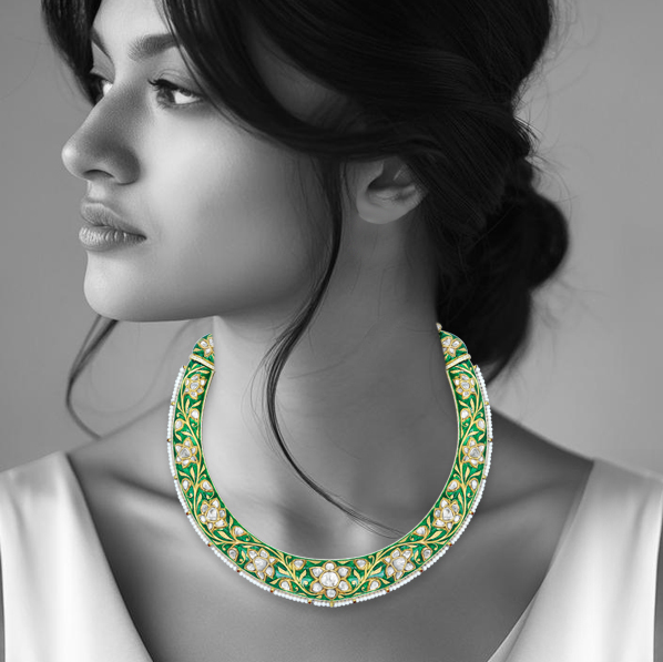 Green Enamel Hasli with Polki Diamonds and Pearl Accents